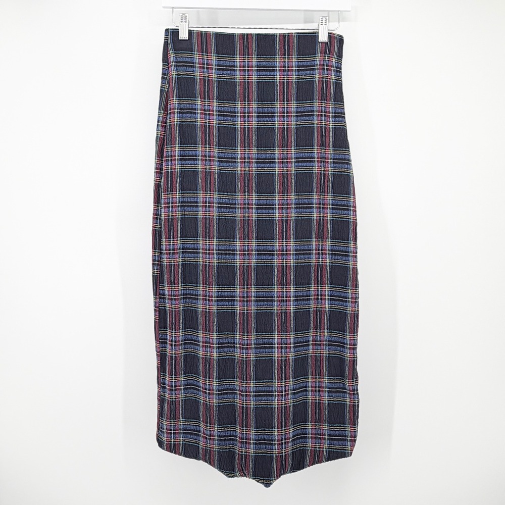 Zara Small Plaid Tartan Bubble Hem Midi Skirt Navy Blue Red Whimsygoth Coquette